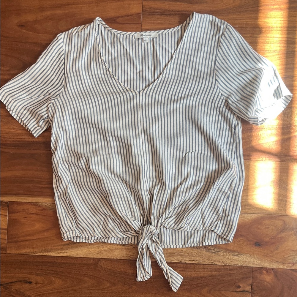 Madewell Striped Tie-Front V-Neck Top - White & Blue